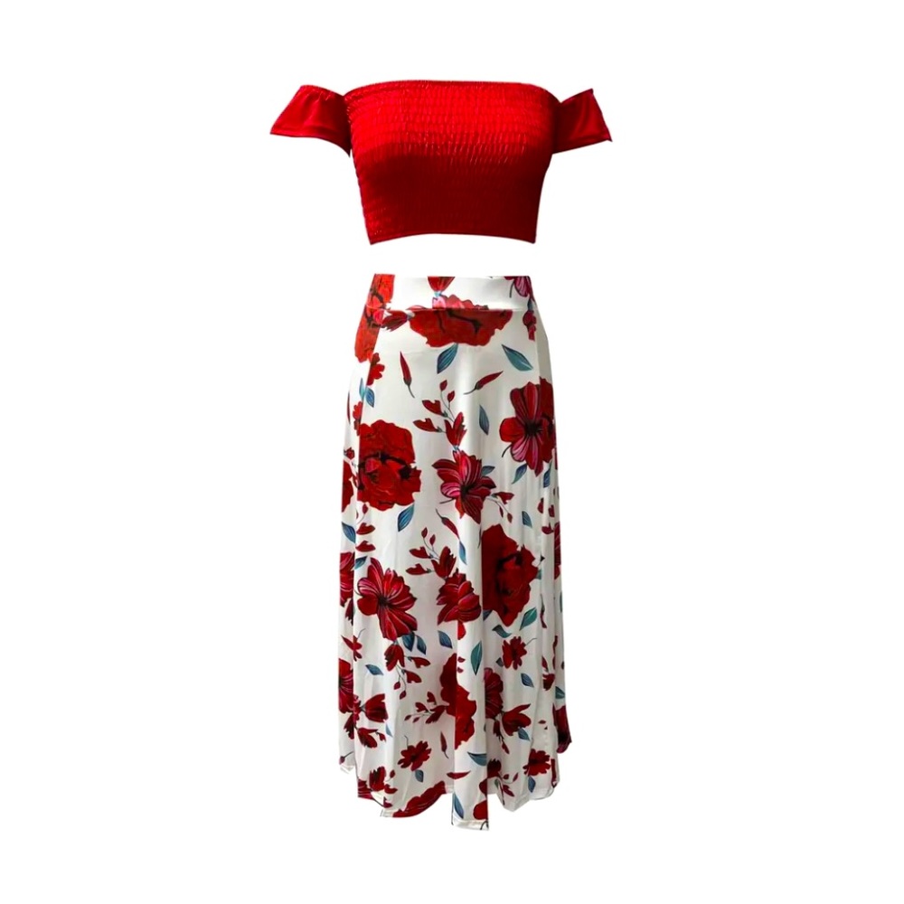 Boho 2-Piece Outfit - Off Shoulder Smocked Top & Floral High Waist Skirt - Picture 8 of 9